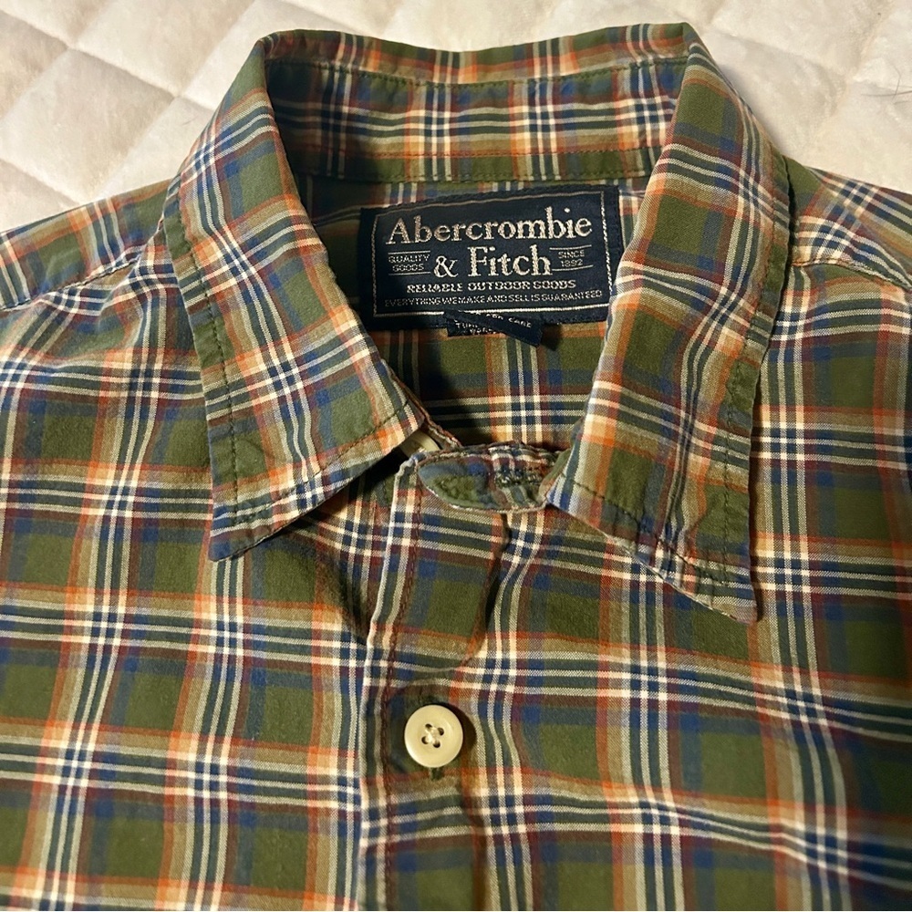 Vintage Abercrombie & Fitch Green & Orange Plaid Men's Button Down Shirt - Picture 2 of 5